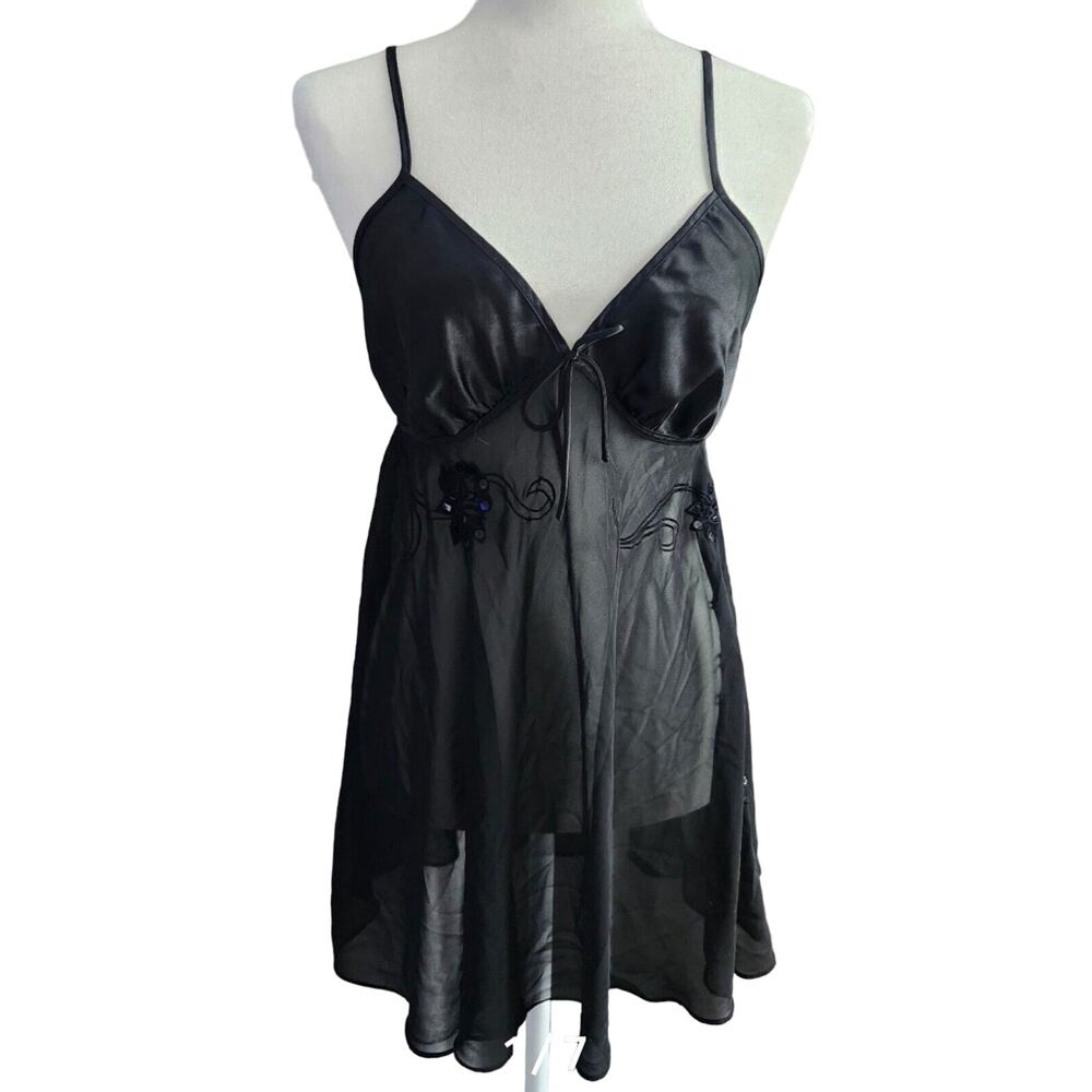 Secret Treasures Women's Sleepwear M Black Lace Sheer Negligee Babydoll Beaded